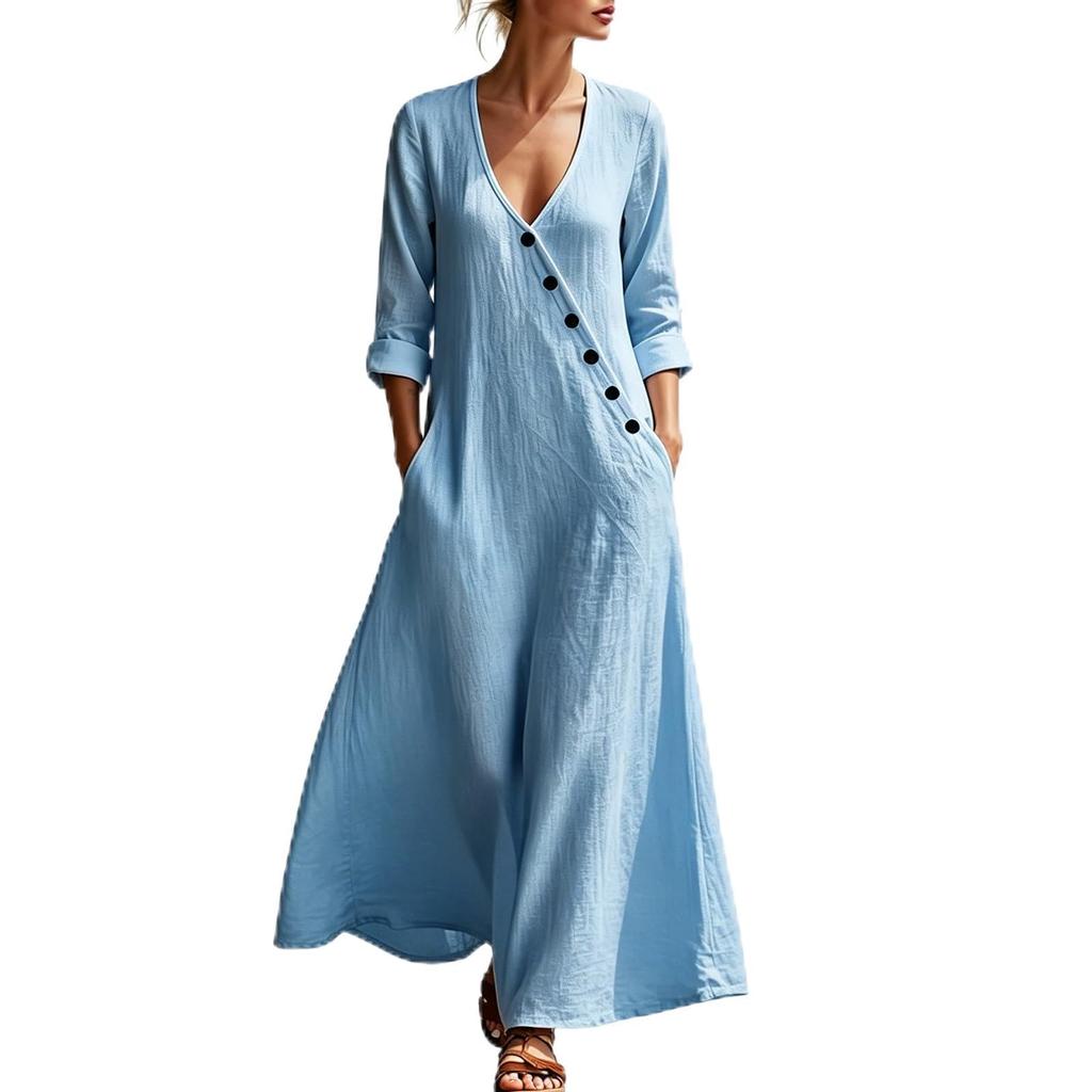 Women’s Elegant Long Sleeve V Neck Maxi Dress Bohemian Style Vacation Wear with Button Loose Fit