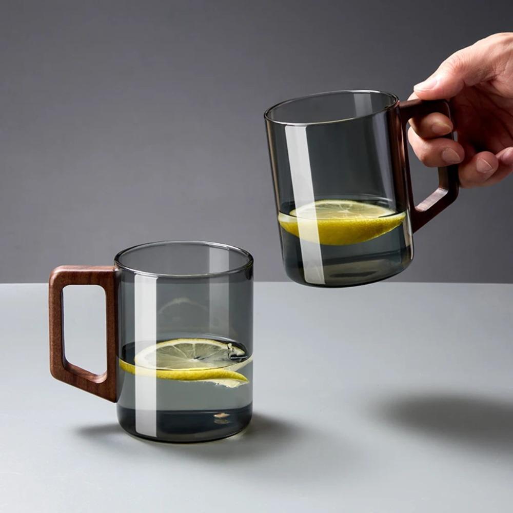 Szklany kubek do kawy z drewnianym uchwytem, odporny na ciepło, o dużej pojemności, zestaw filiżanek do picia wody i herbaty 400 ml