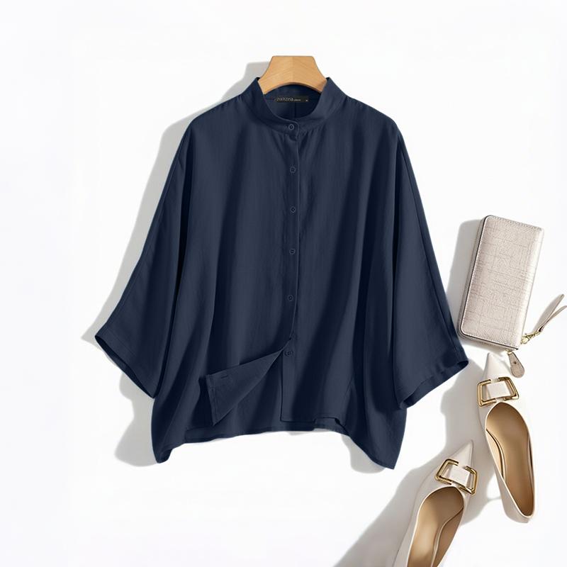 ZANZEA Women Casual Round Neck Solid Color Loose Long Sleeve Cotton Blouse