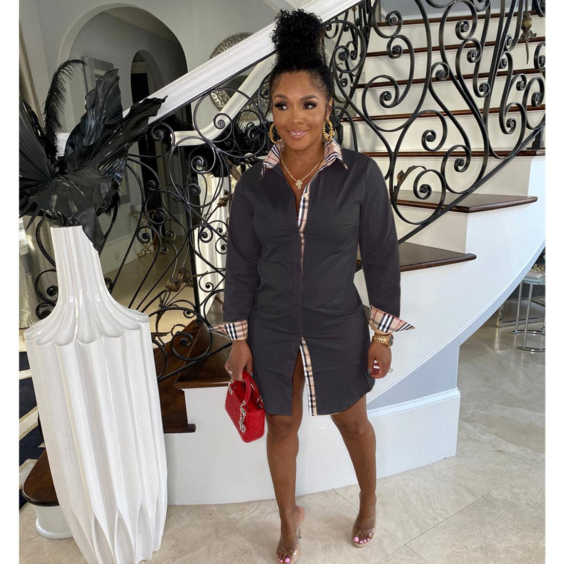 

Весеннее новое темпераментное однотонное повседневное клетчатое платье-рубашка с длинным рукавом женская блузка облегающее короткое мини-платье на пуговицах осенняя одежда XL чёрный