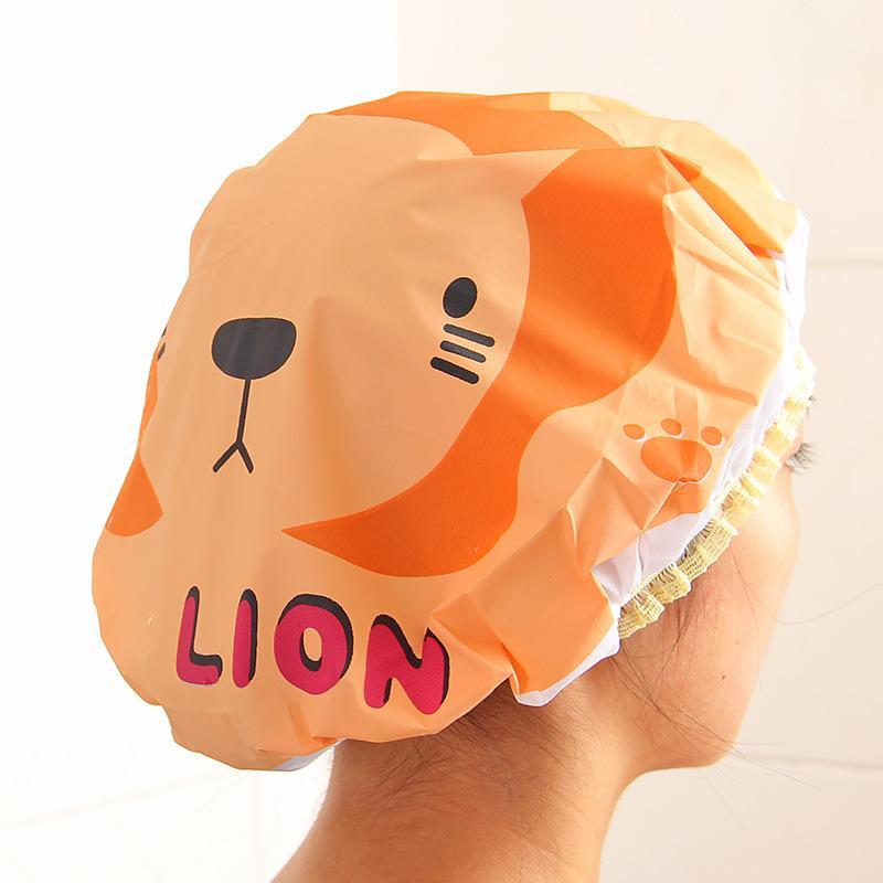 Cartoon Pattern Shower Cap Soft Lace Elastic Edged Waterproof Reusable for Bath SPA Sauna Women Girls Daily Use