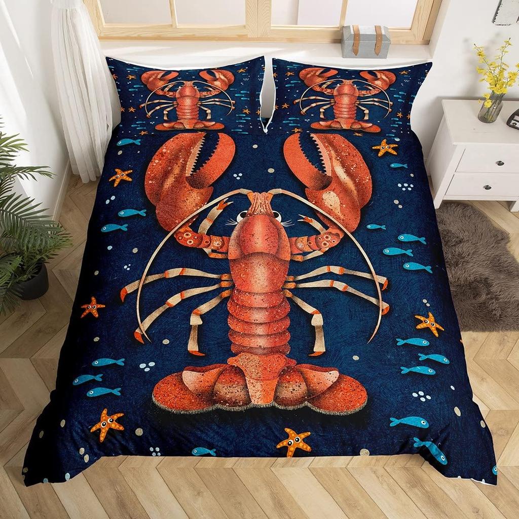 Lobster Duvet Cover Twin Queen Size, Boho Flower Bedding Set For Kids Boys Girls, Colorful Mandala Ocean Animal Comforter Cover