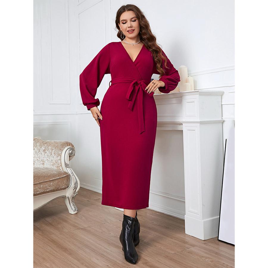 Spring/Autumn V-Neck Red Long Sleeve Slim Fit Overalls Dress