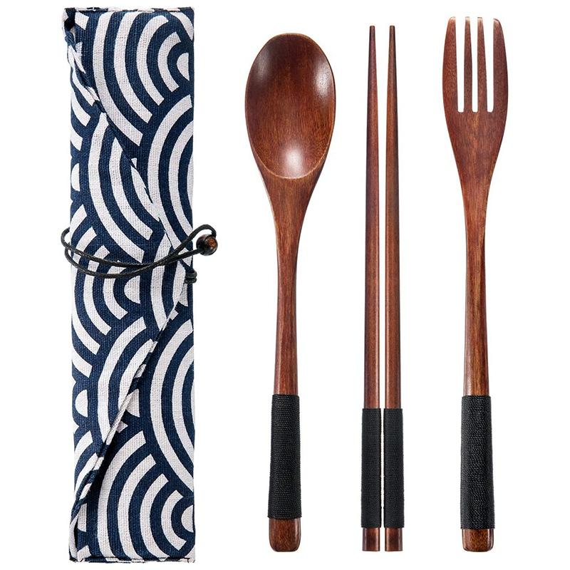 Versatile 2 Set Wooden Flatware Tableware Cutlery Set Travel Utensils Tied Line Reusable Flatware, Wooden Fork Spoon Chopsticks