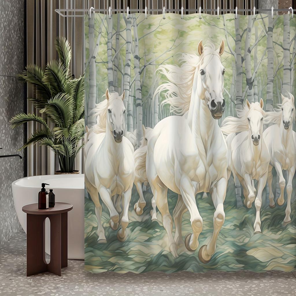 1pc Forest Birch White Running Horse Bathroom Shower Curtain with 12 Hooks, Bath Decor, Bathroom Accessories