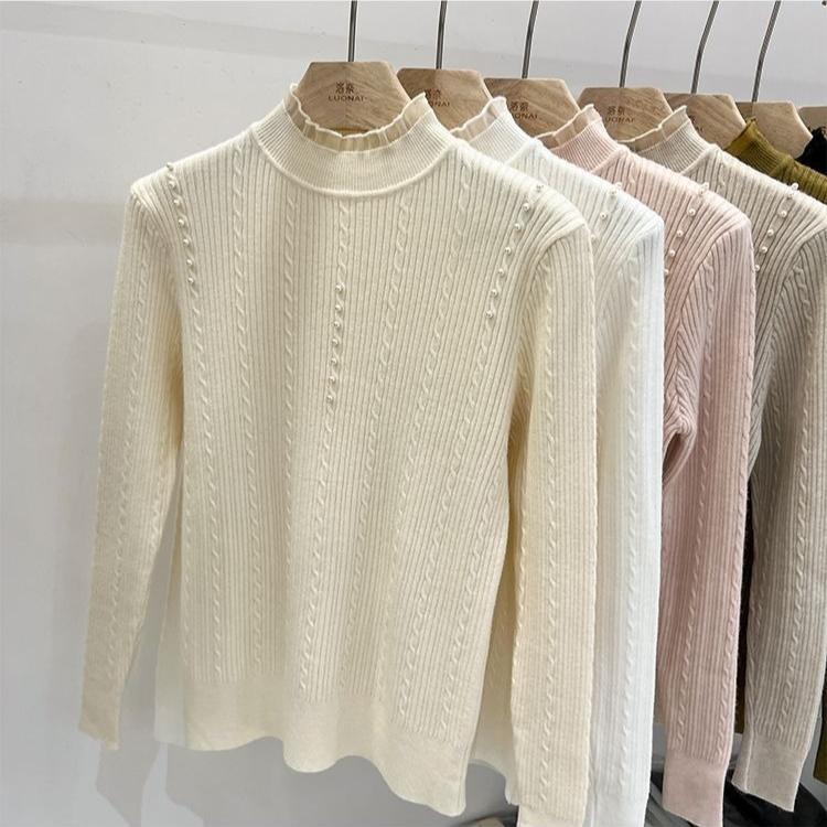 Women's Lace High-Neck Knit Sweater Autumn/Winter Beaded Solid Color Knit Pullover Sweater Stretch Knit Base Shirt