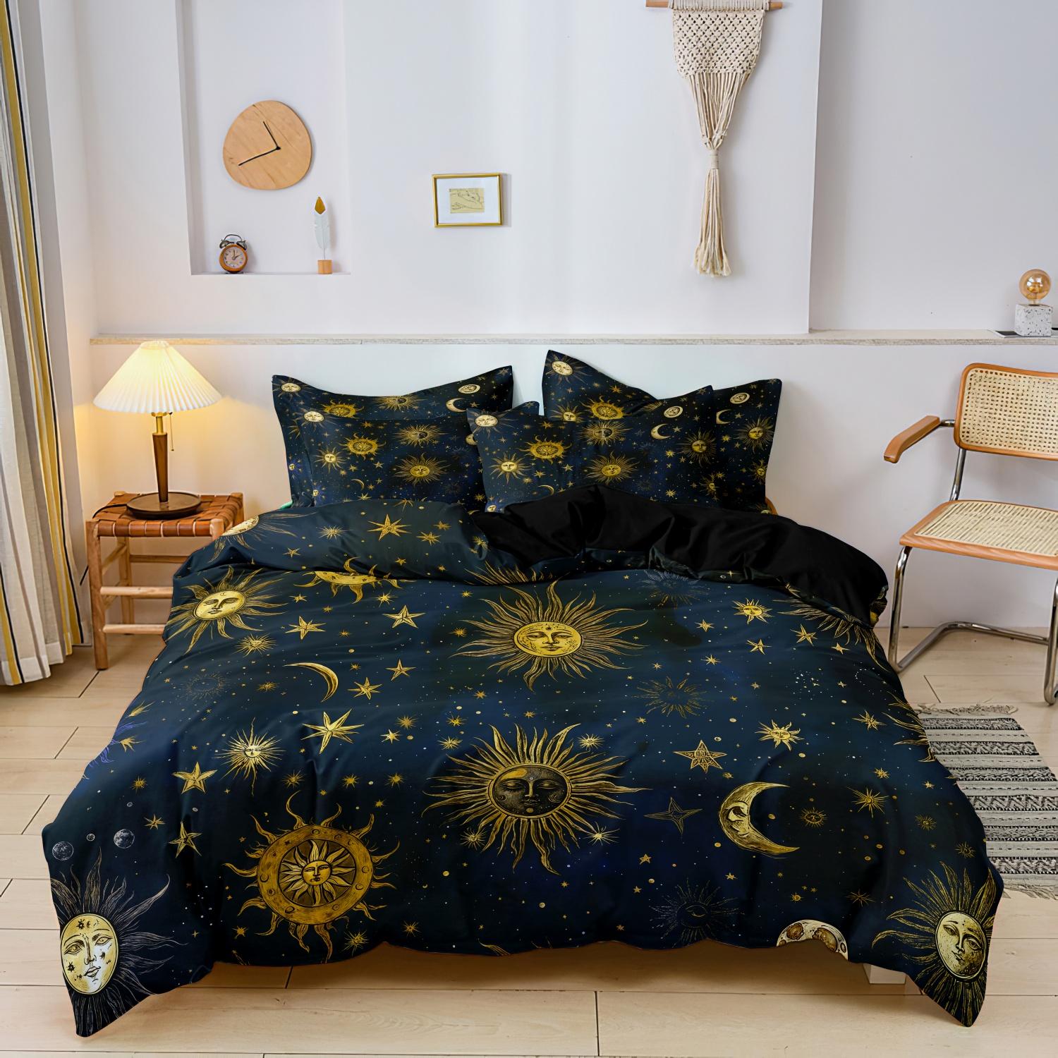 

3pcs Set Sun & Moon Pattern Duvet Cover Set, Including 1 Duvet Cover & 2 Pillowcases without Filler, Soft Comfortable Bedding AU Single-140x210cm&set