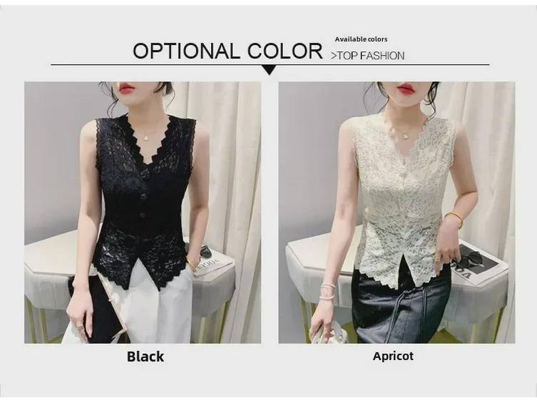 Women's Chinese-Style V-Neck Lace Sleeveless Slim Fit Top
