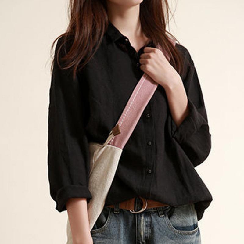 

Womens Solid Color Loose Shirt Casual Lapel Button Down Blouse S чёрный
