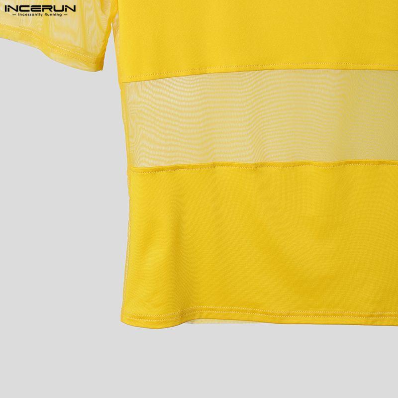 INCERUN Summer Men O Neck Short Sleeve Mesh See Through Patchwork T-shirts Tops