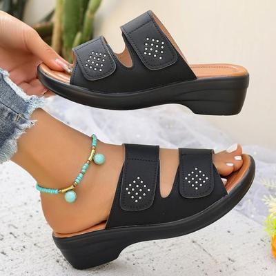 Damen Peep-Toe Kristall-Pantoletten in Überweite - Koreanischer Stil Klettverschluss-Sandalen für Frühling/Sommer, Modische Verstellbare Pantoletten