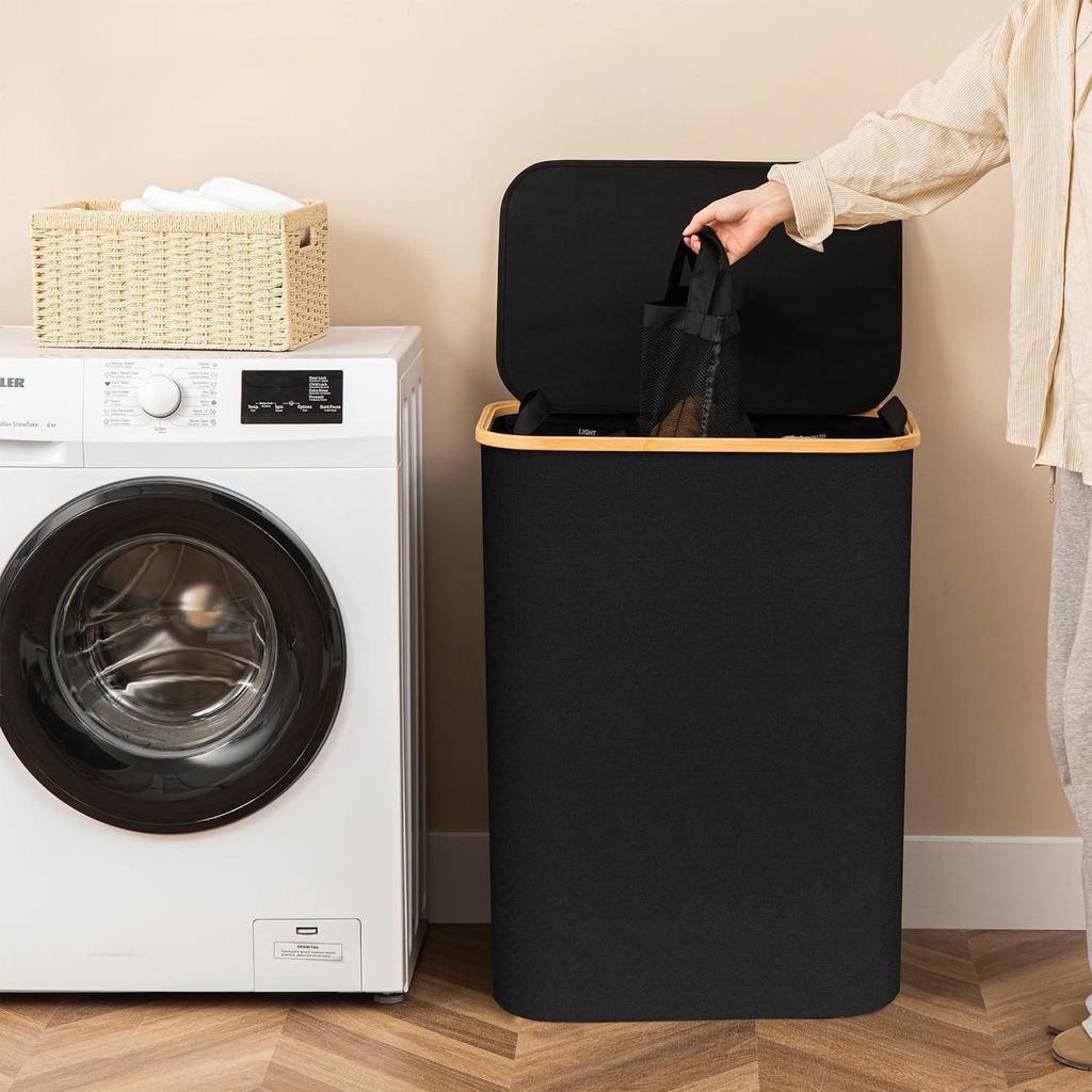 Foldable Bamboo Laundry Hamper with Lid and Inner Bag for Bedroom Storage.
