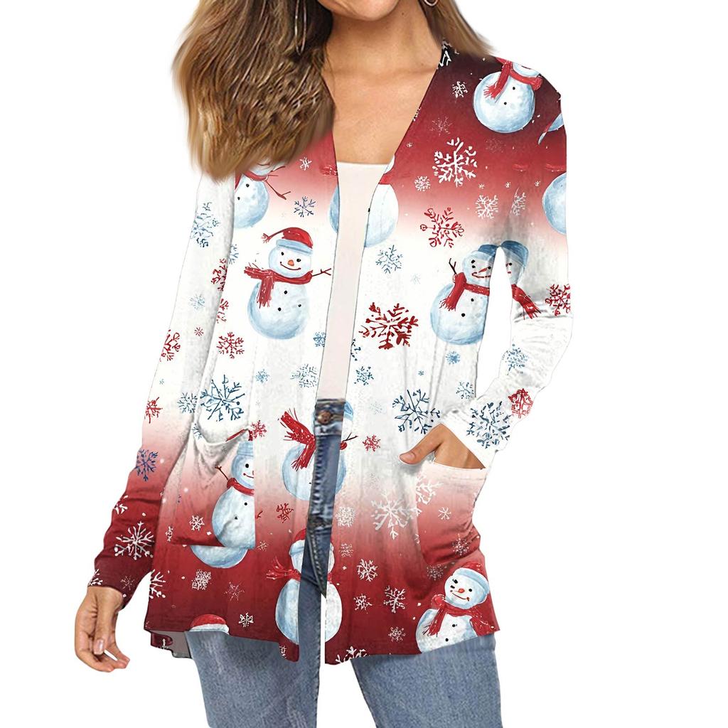 Women's Fashion Christmas Print Long-Sleeved Pocketed Slim-Fit Cardigan Coat
