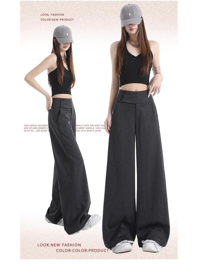 Women's Retro Grey Wide-Leg Suit Pants - Spring Casual, Versatile & Comfortable