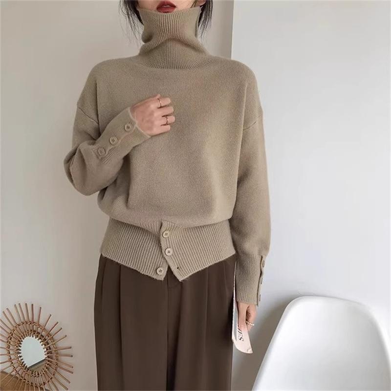 Retro High Neck Button Sweater: Women's Autumn/Winter Solid Color Knit with Slit