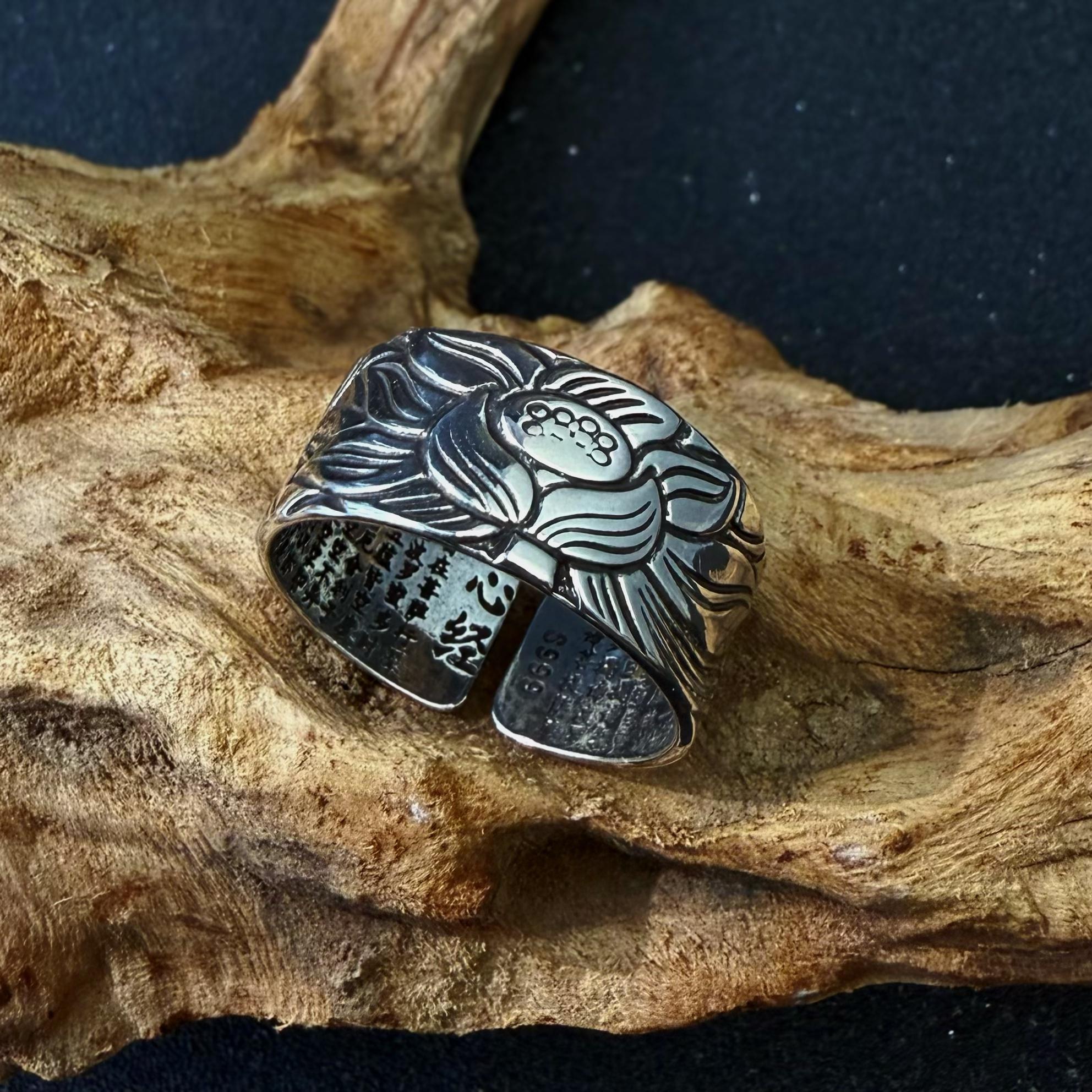 

Retro Lotus Heart Sutra Adjustable Open Ring For Men Silver-plated Copper Punk Gothic Edgy Buddhism Accessories Gift 9-13