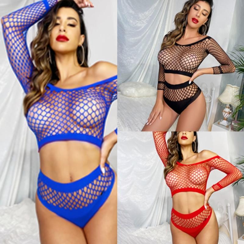 Women Sexy Mesh Lingerie Fishnet Babydoll Bodysuit Long Sleeve See Through Shirts 2Piece Lingerie Set Stripper Outfit