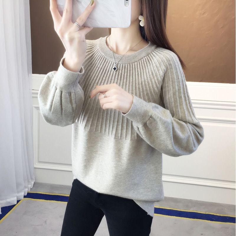 Round Neck Sweater Women's Hong Kong Style Solid Color Sweater Loose Casual Knitted Base Sweater Autumn and Winter