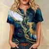 Women Short Sleeve Henley Button Neck Shirt Linen Cotton Blend Casual Chest Pocket Printed Top