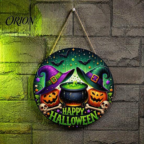 Halloween Gift for Friends Happy Front Door Hanging Sign, Retro Round Witch Hat Magic Cauldron Horror Rustic Wood Plaque Wooden Welcome Pendant