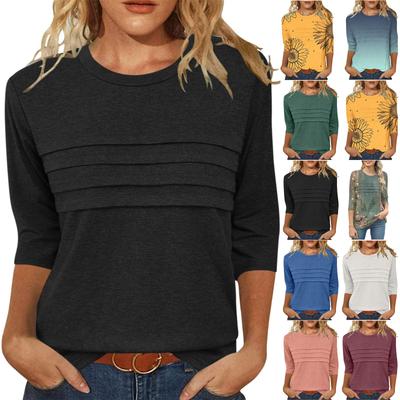 Damenmode Lässig Sieben-Schlitz-Ärmel Plissiert Locker Rundhals Uni Bedrucktes T-Shirt Top