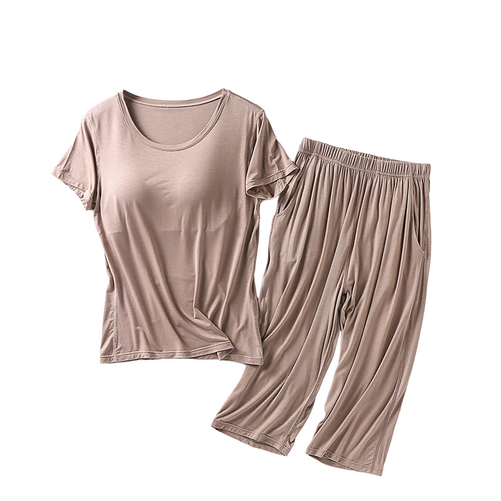 

Женская пижама с нагрудной подкладкой, комплект из двух предметов: однотонный короткий топ и брюки M верблюд