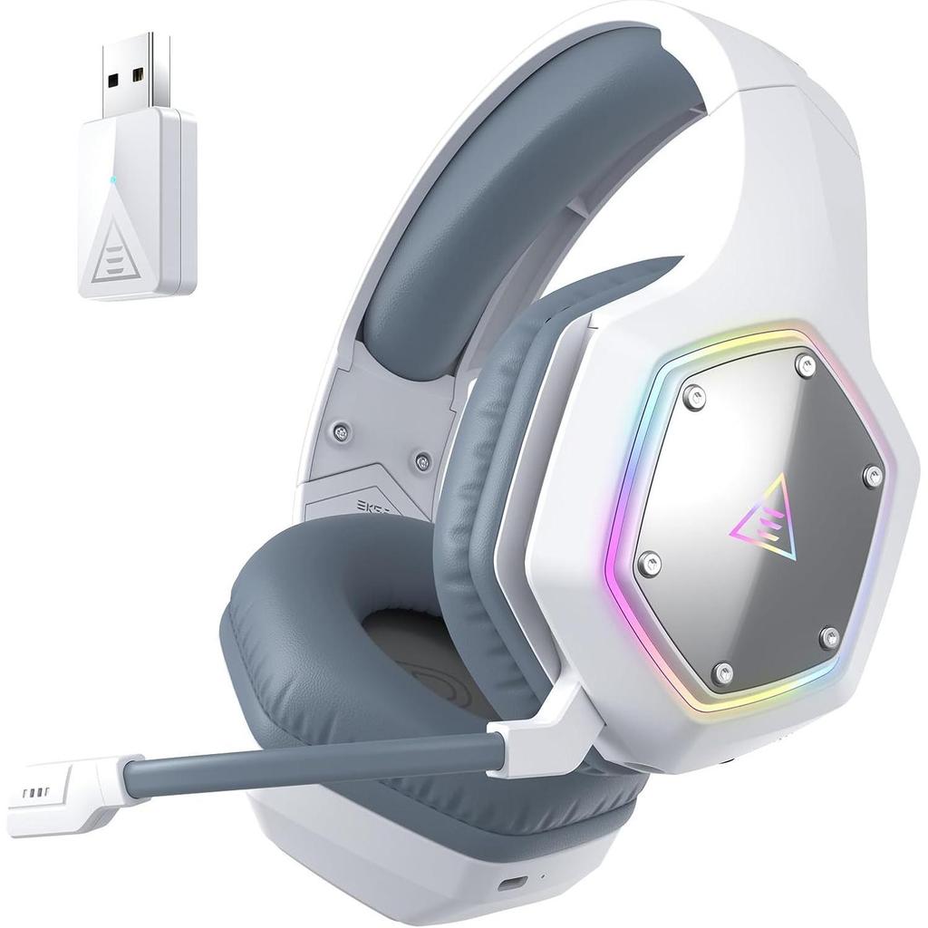Bezprzewodowe słuchawki E1000WT, dźwięk przestrzenny 7.1, inteligentny mikrofon z redukcją szumów AI(ENC), Niskie opóźnienie 2.4G USB Dongle, 36 Godzin Baterii, Światło RGB