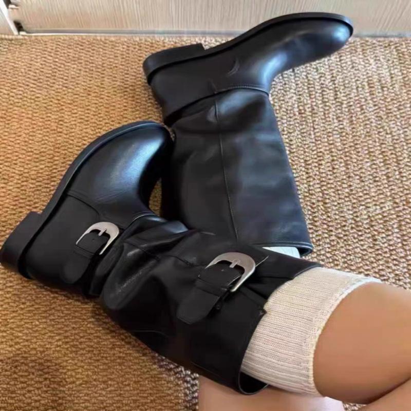 Color Matching Pleated Stacking Boots Women's Autumn and Winter New Long Tube Maillard High Boots Big Tube Circumference Western Cowboy Knight Boots