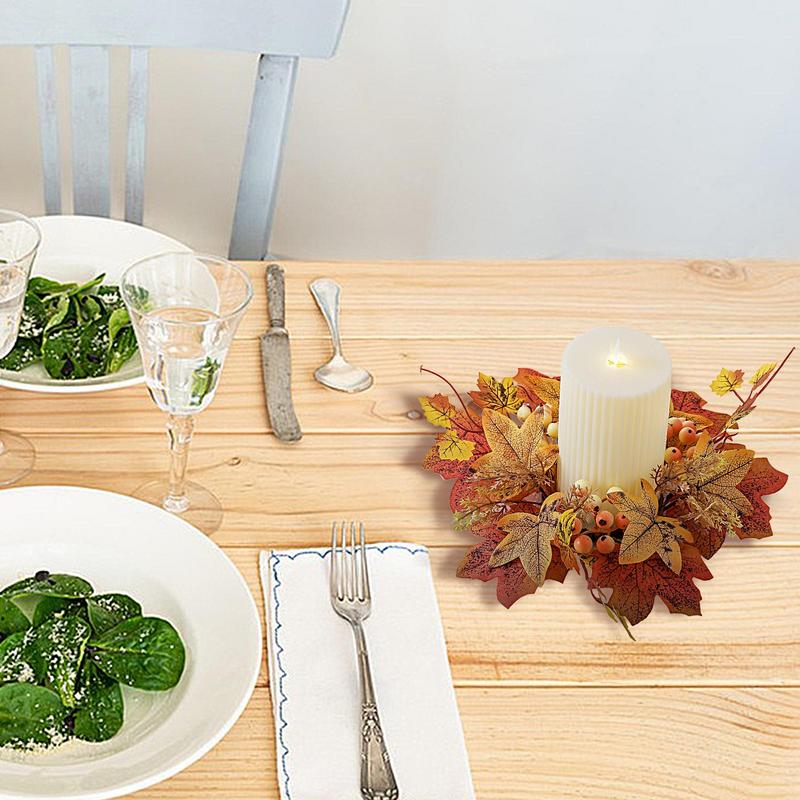 Fall Candle Ring Artificial Candle Garland Decor Mini Autumn Wreath Thanksgiving Candle Ring Holder For Bar Home Party