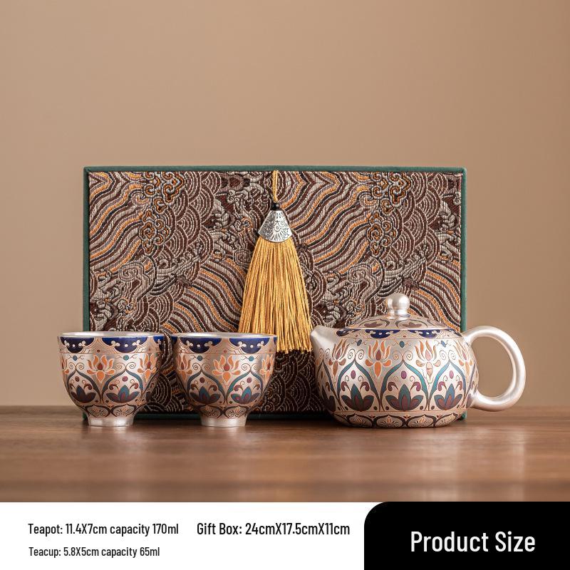 Chinese Silver-Plated Tea Set: Teapot & Cups Gift for Elders, Friends, Housewarming, or Birthday Souvenir.