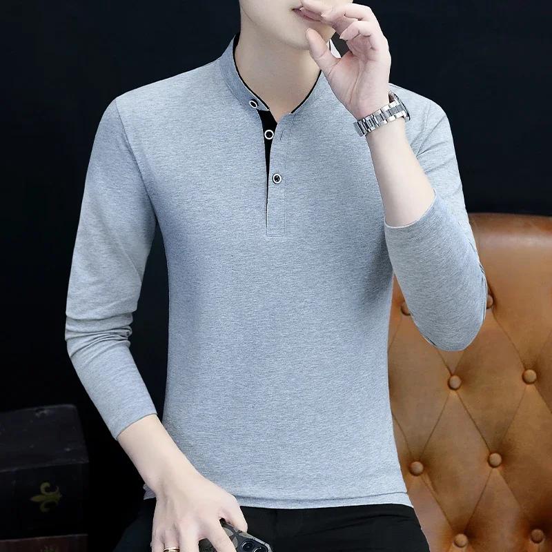 

Футболки весна-осень мужские с воротником-стойкой, однотонные, с длинным рукавом, облегающие, повседневные, модные, мужские топы L серый