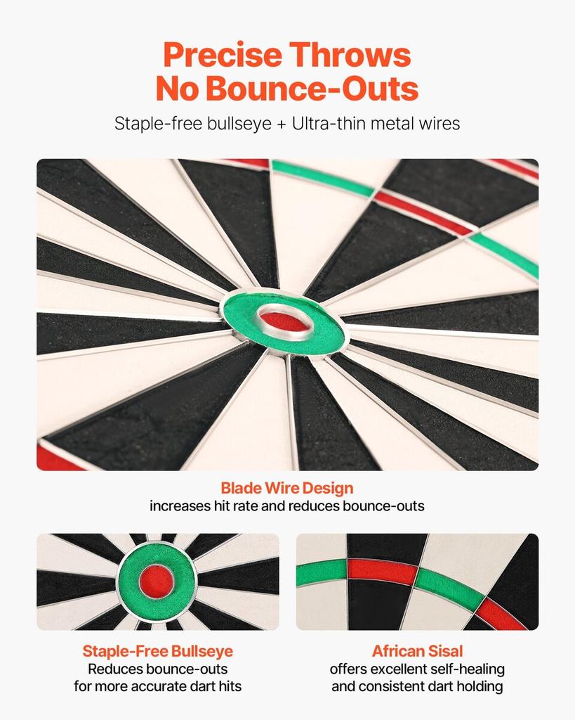 Dart Board, High-Grade Self-Healing Sisal Fiber Dartboard with Staple-Free Bullseye, Blade Wire & Rotating Number Ring, 450mm Professional Dartboard