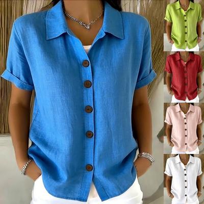 Summer Solid Color Elegant Lapel Button Short Sleeve Blouse Fashion Women's Top