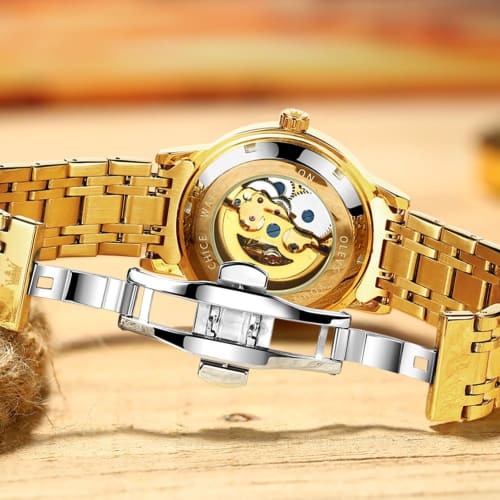 OLEVS Men's Automatic Watch Stylish Mechanical Arm Watch Popular Business Luminous Waterproof Fashion Skeleton Watch for Men Gift Present Gold Gold