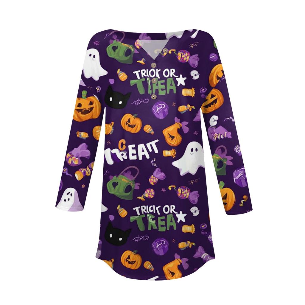 Women's Fashion Loose Button Collar Halloween Print Long Sleeve T-Shirt Top Pullover
