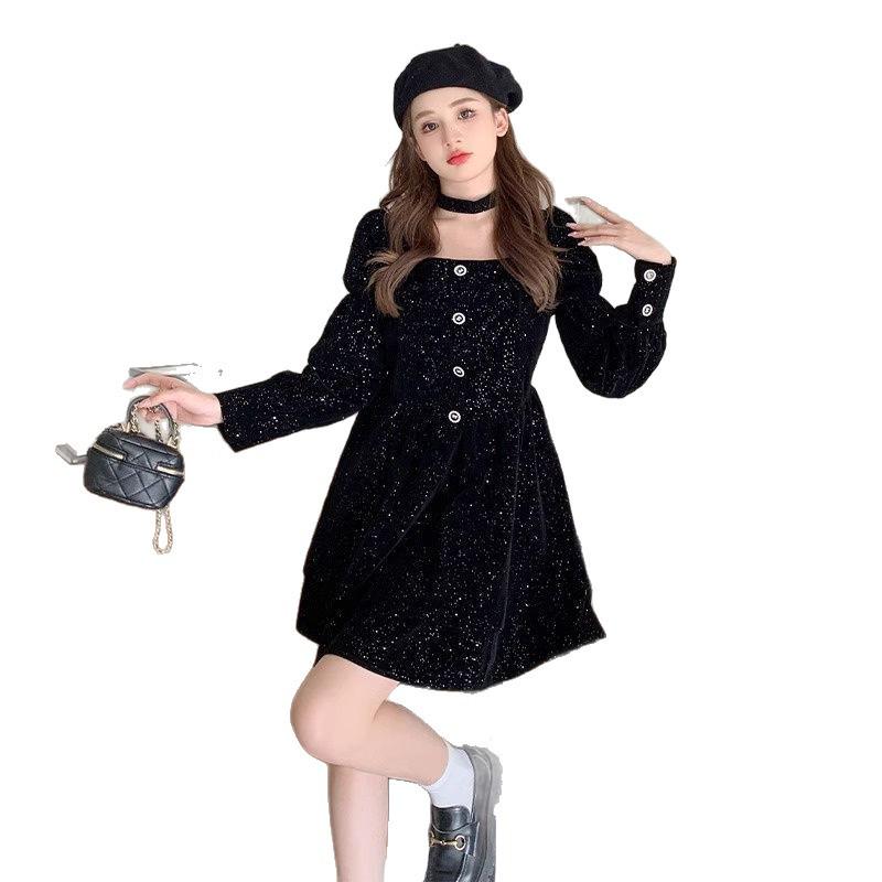 French Black Velvet Hepburn Style Slim Dress for Women - Spring/Autumn