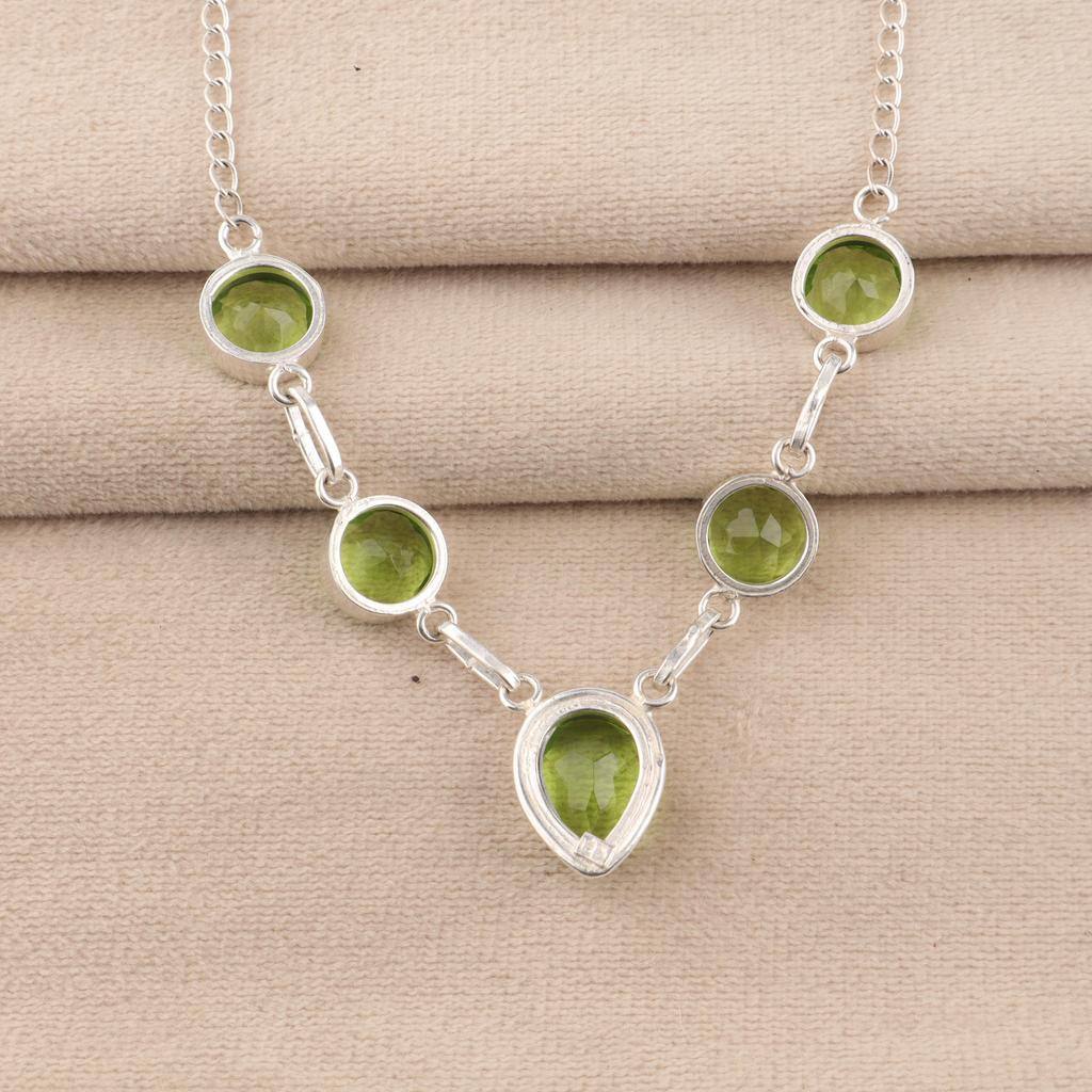 Naturlig Peridot Ädelsten Silverhalsband 16-18" 925 Sterling Silver Handgjorda Smycken för Kvinnor Som Gåva till Alla Hjärtans Dag RN-3-5