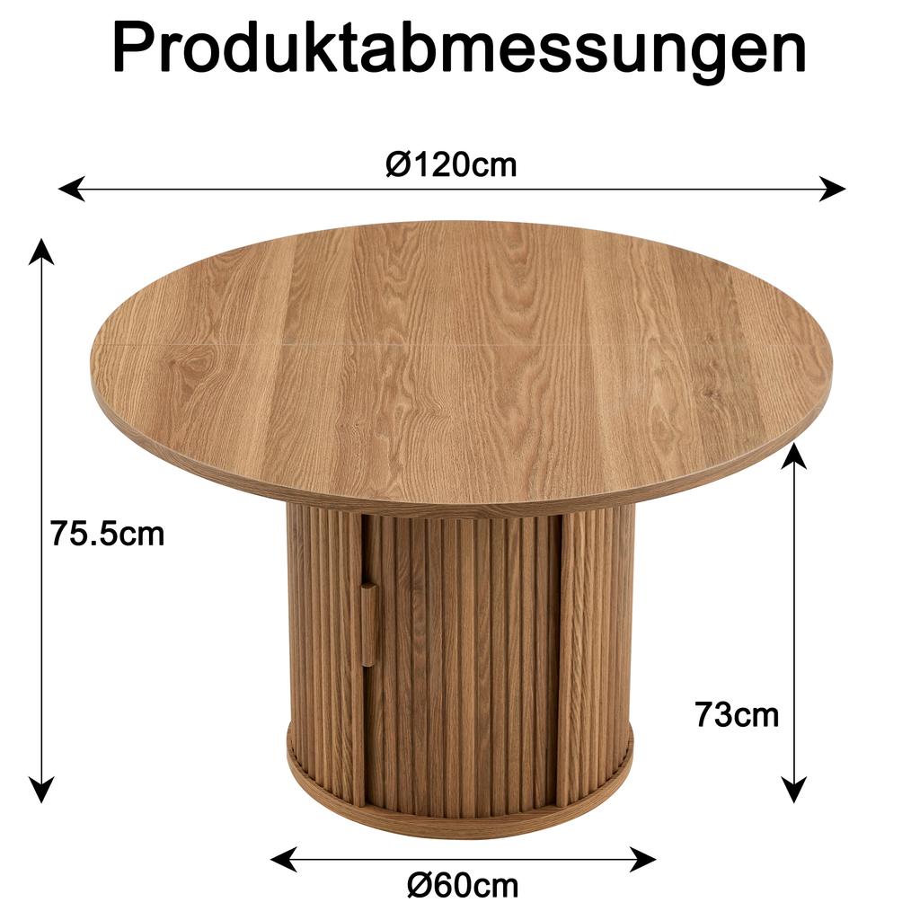 120 cm runder Esstisch für 4-6 Personen, mit Holzleiste, mit zwei Staufächern, moderner Landhausstil, für Küche, Wohnzimmer