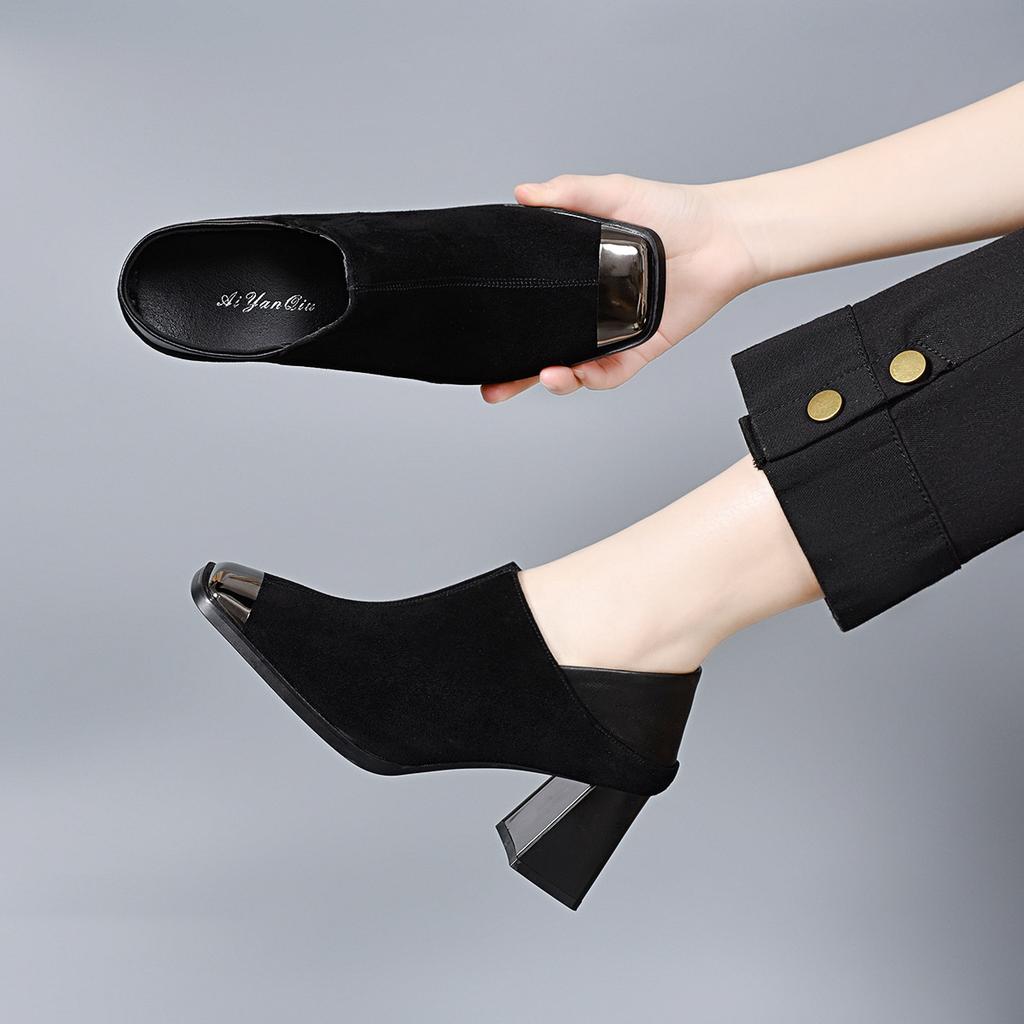 2025 New Spring French Temperament Women's Shoes Square Head Thick Heel High Heels Iron Bag Head One Shoe Two Wear Deep Mouth Single Shoes