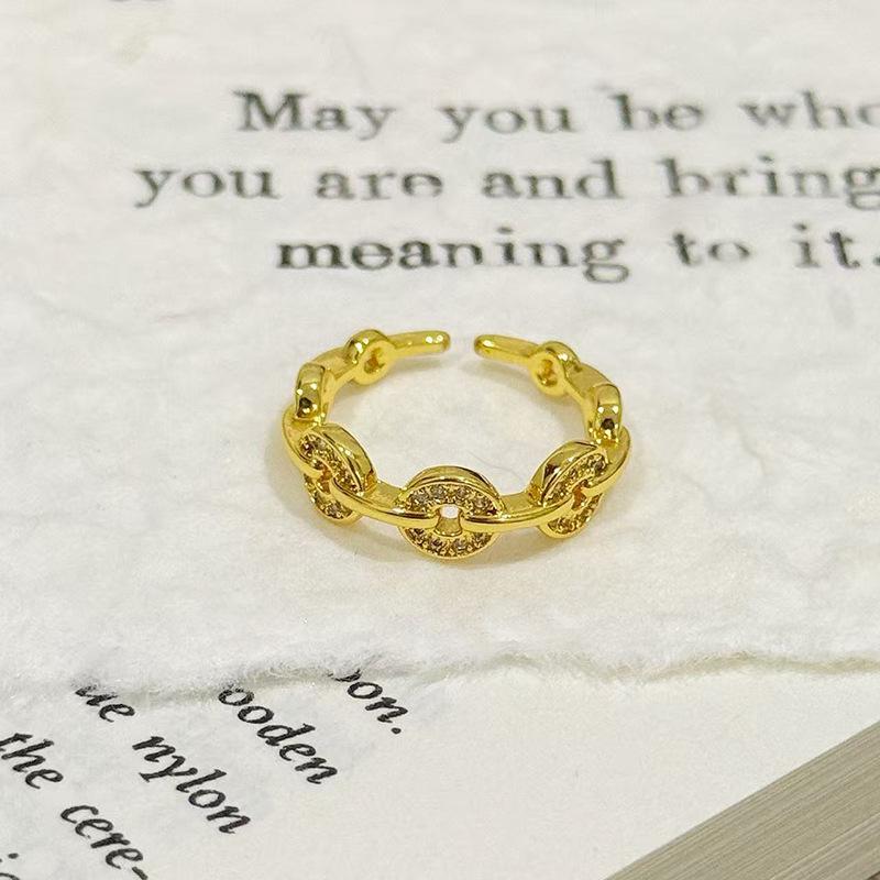 Medieval Vintage Water Drop Zircon Hammer Pattern Love Copper Coin Open Ring Personality Niche High Sense Ring Woman