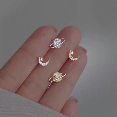 Simple  Zircon Star Moon Mini Earrings For Women Cute Korean Planet Asymmetric Ear Studs Piercing Earrings Jewelry Gifts