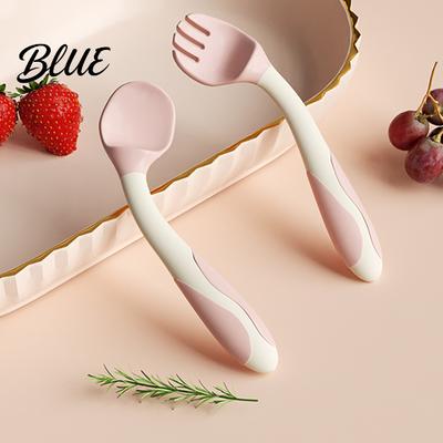 Baby Spoon with Curved Handle Training Fork And Set Flexible Non-Slip Utensils Rounded Non-slip Edges Self-Feeding Feeding Tools for Left/Right