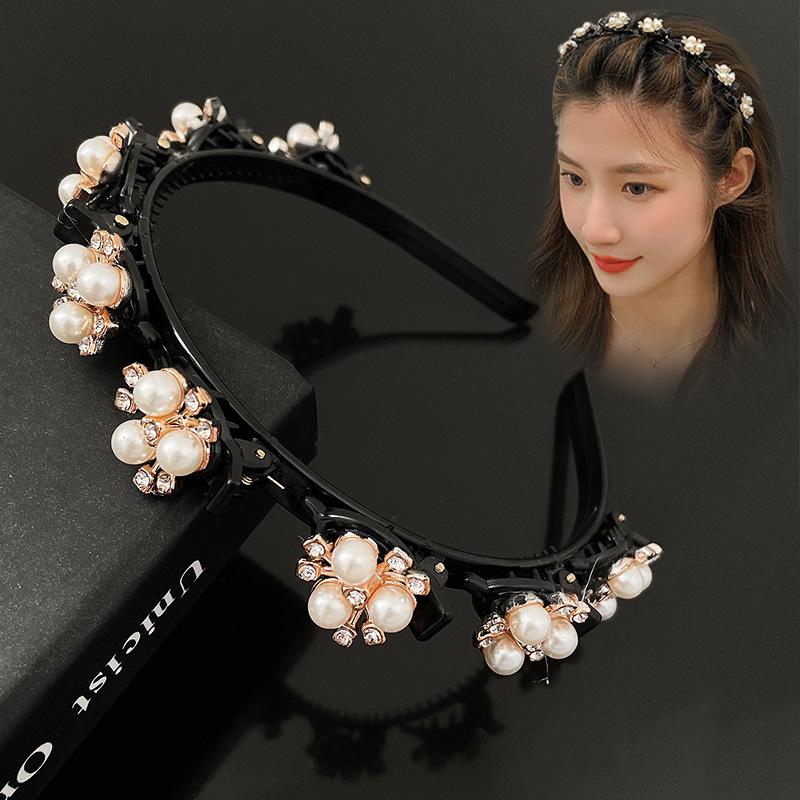New Women Vintage Pearls Rhinestone Flower Braided Hairband Double Bangs Hairstyle Hair Clips Fashion Hair Accessories