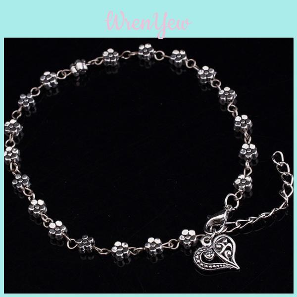 Elegant Women Bead Chain Anklet With Heart And Flower Design For Beach Fashion Jewelry