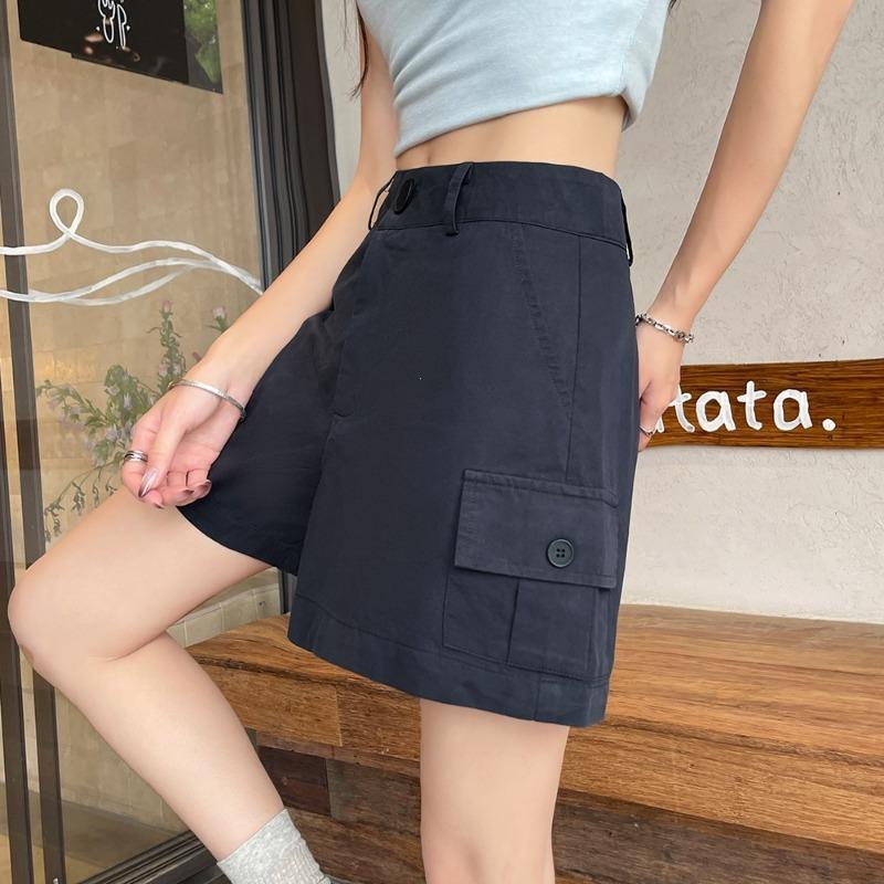 Women Washed Cotton High Waist Straight Leg Casual Summer Cargo Shorts S темно-синий