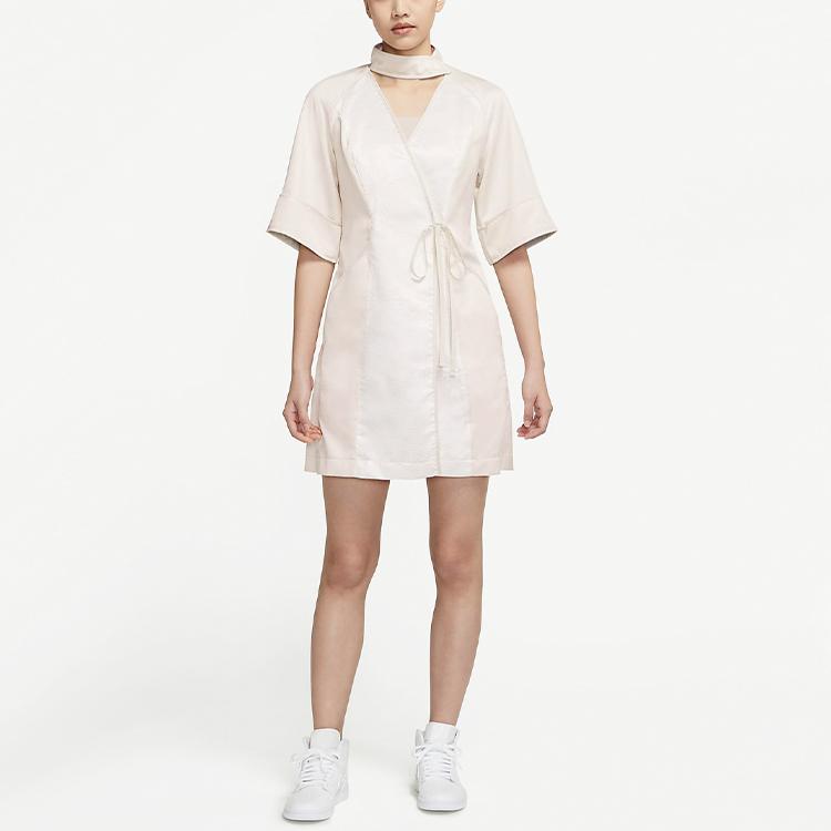 Jordan Vestido feminino casual esportivo com estampa de bloco de cores e cintura ajustável, manga curta, branco e rosa, CV3466-219