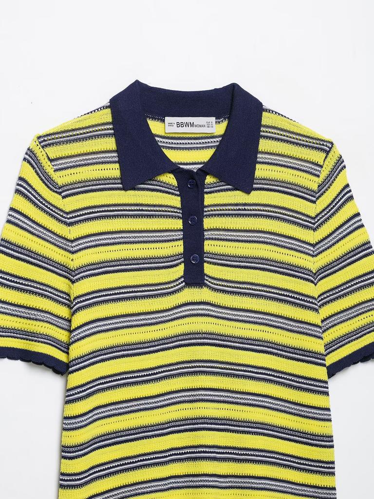 European and American style, new women's clothing, foreign style, fashionable striped knitted POLO shirt 9874006