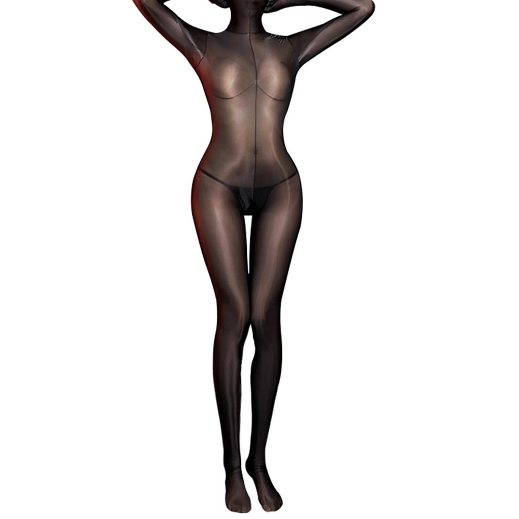 Womens Glossy Sheer Bodystocking Bodysuit Fully Head Hands Covering Crotchless See-Through Tempting Teddies Lingerie Nightwear