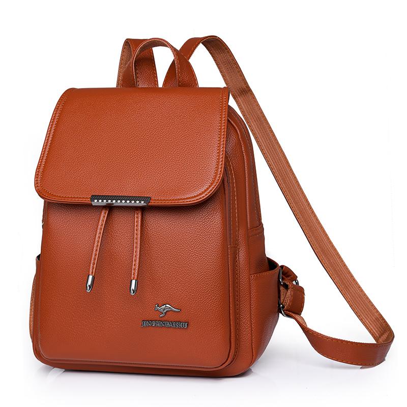 Women's Solid Color Schoolbag Large Capacity Soft Leather Backpack Female Travel Bag