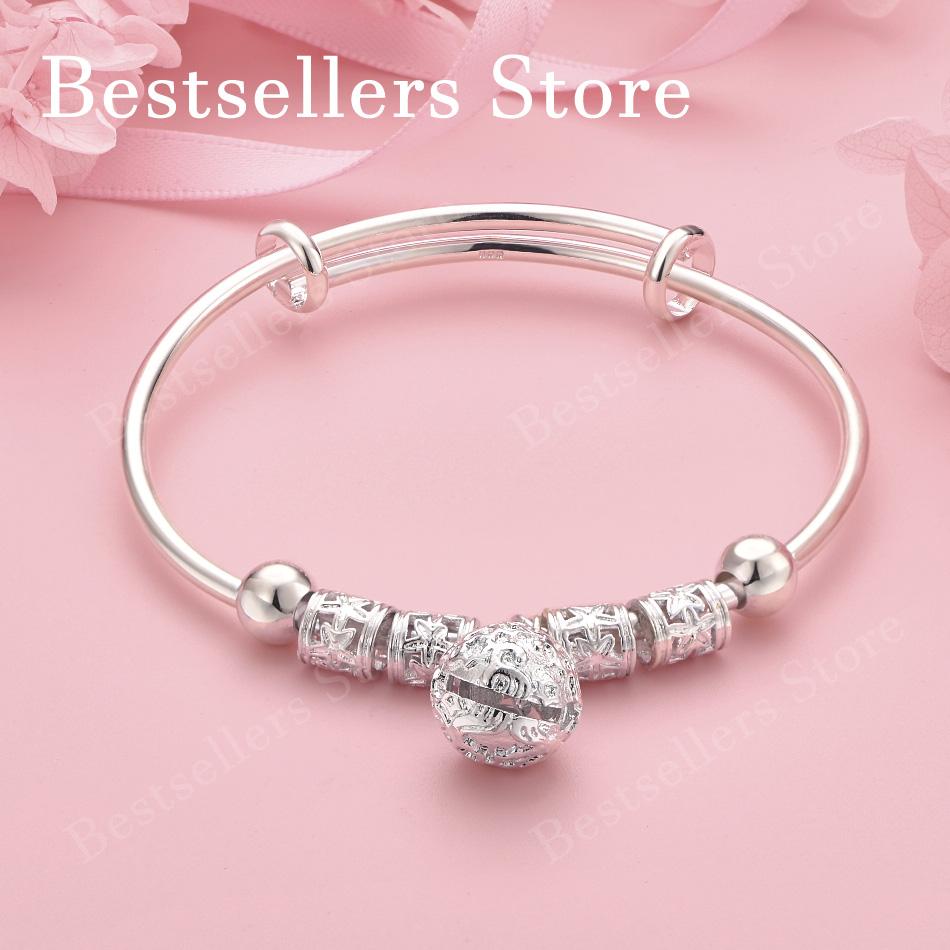 Luxury 925 Sterling Silver Exquisite Beaded Pendant Bangle, Fashionable Wedding Party Jewelry, Adjustable Bangle